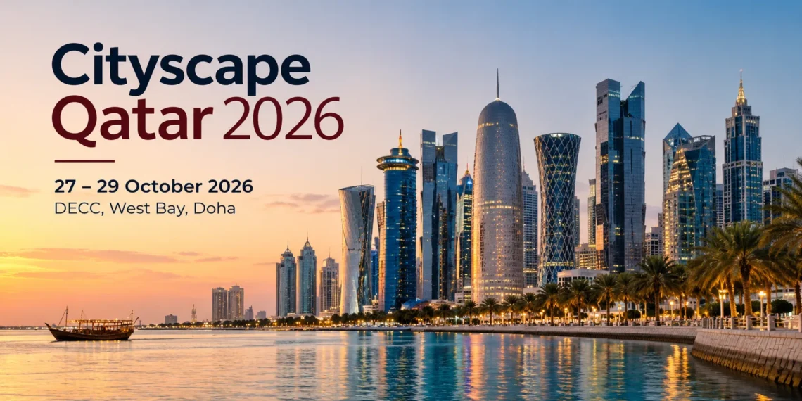 Cityscape Qatar 2026 event cover graphic featuring Qatar-inspired maroon and white colours.