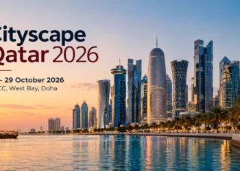 Cityscape Qatar 2026 event cover graphic featuring Qatar-inspired maroon and white colours.