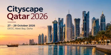 Cityscape Qatar 2026 event cover graphic featuring Qatar-inspired maroon and white colours.
